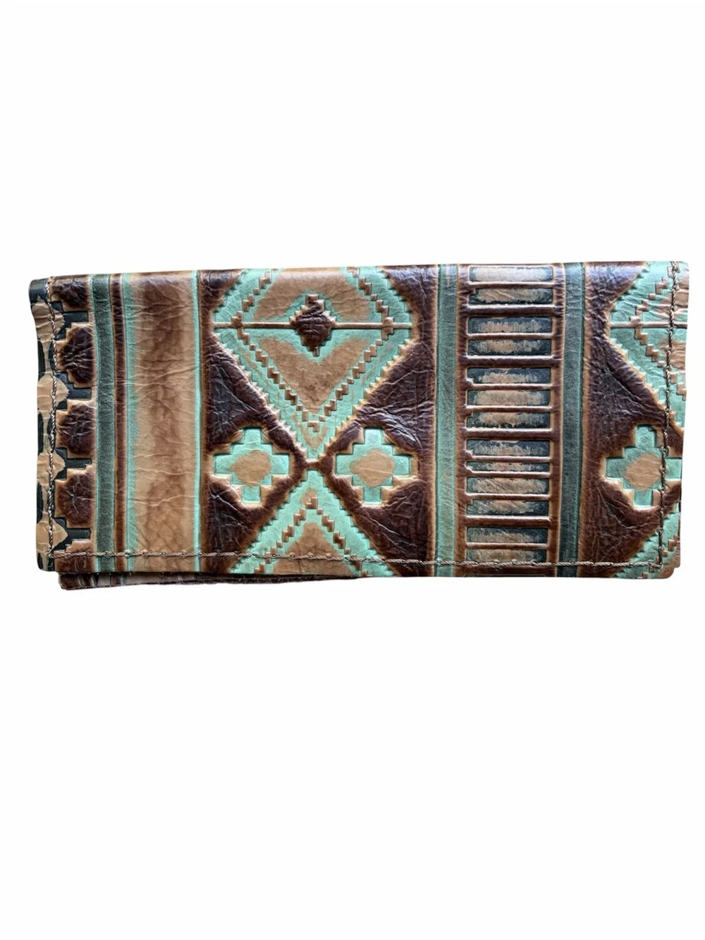 Farmericana Southwestern Pattern Leather Wallet - Brown & Turquoise - Picture 1 of 4
